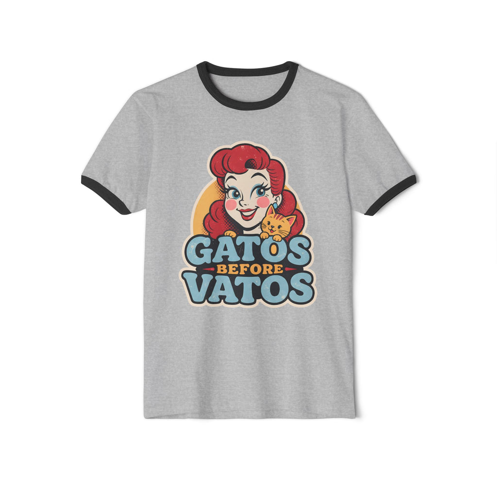 Gatos Before Vatos white black ringer t-shirt - retro cat lover chicana vintage tee