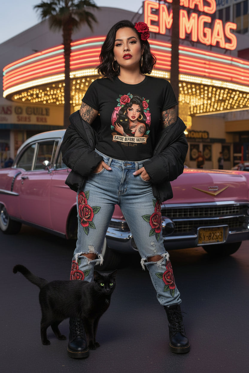 Latina model wearing a grey Gatos Before Vatos shirt with a tattooed woman and black cat illustration.
