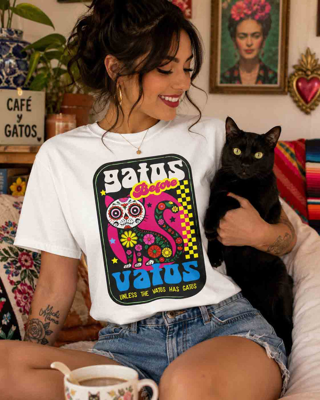Gatos Before Vatos Shirt | Retro Day of the Dead Cat Graphic Tee