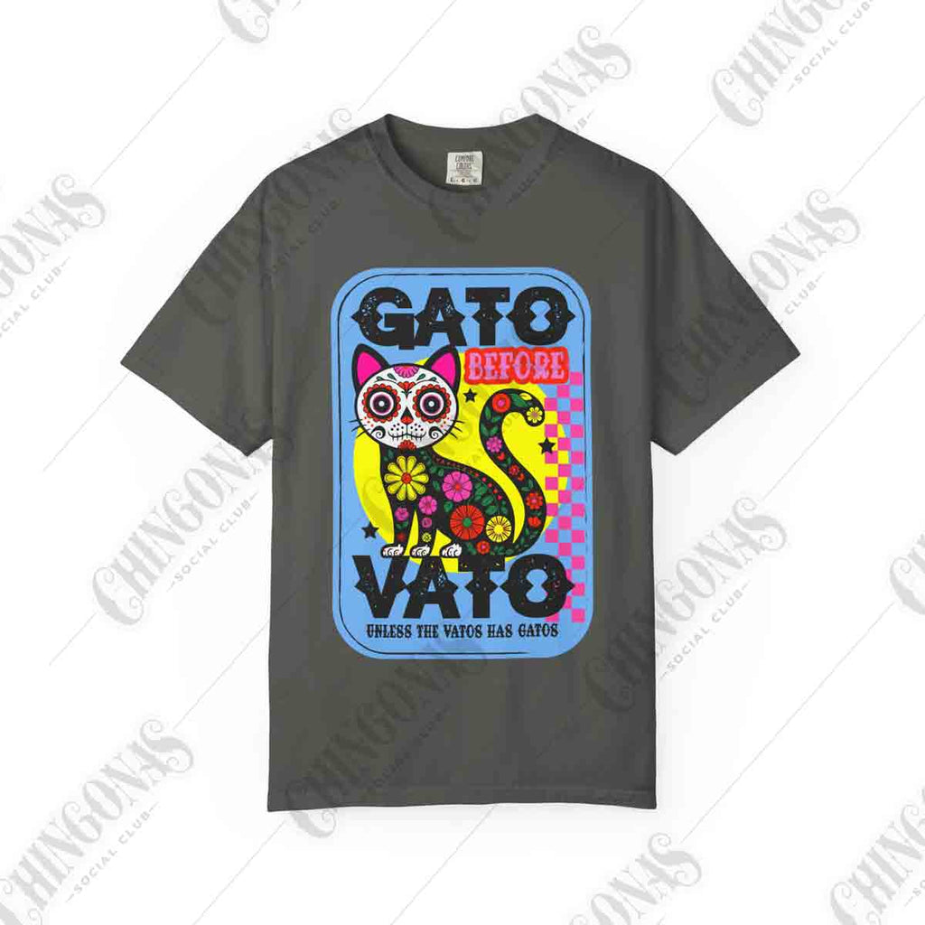 t-shirt featuring a colorful Day of the Dead cat with flowers and the phrase Gato Before Vato.