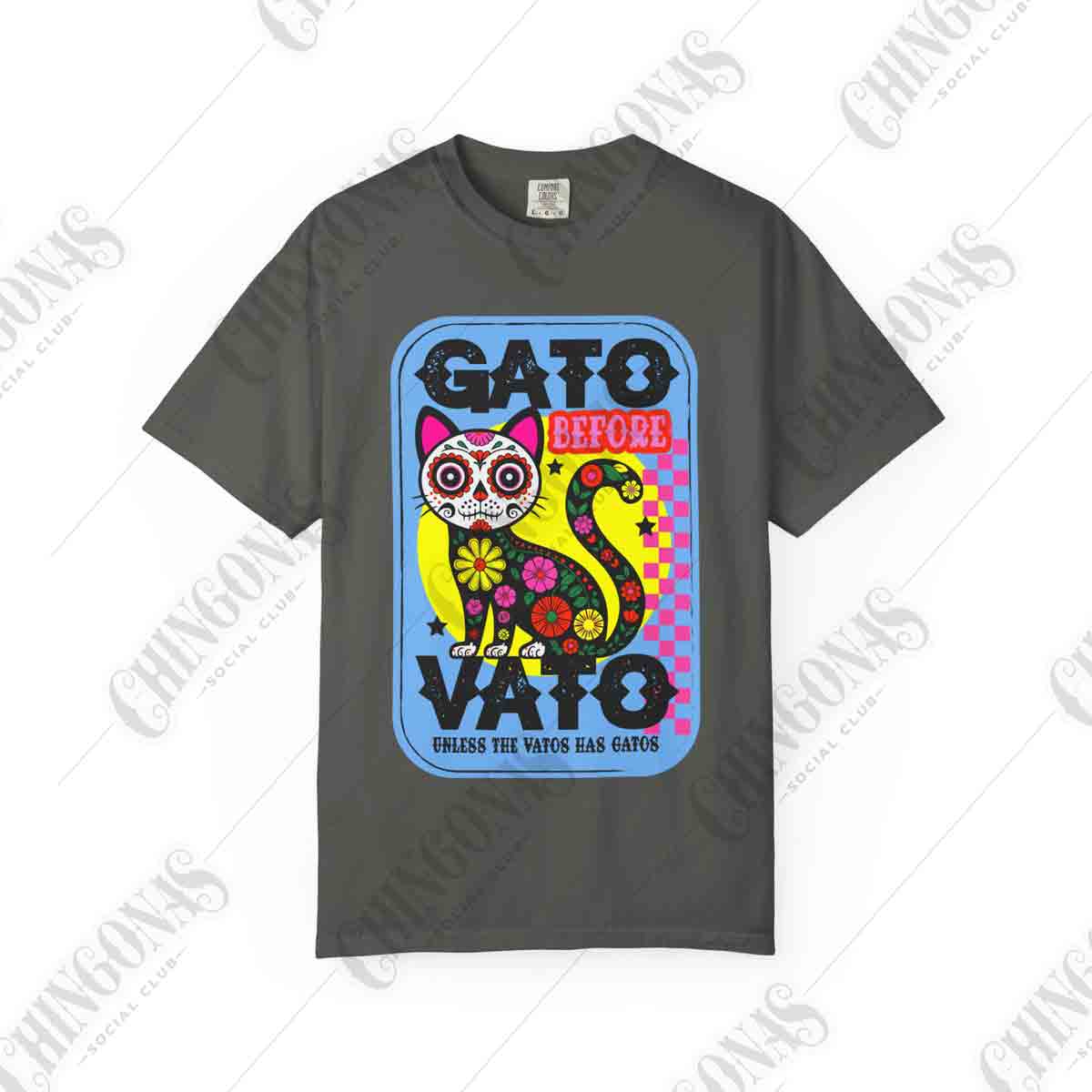 t-shirt featuring a colorful Day of the Dead cat with flowers and the phrase Gato Before Vato.