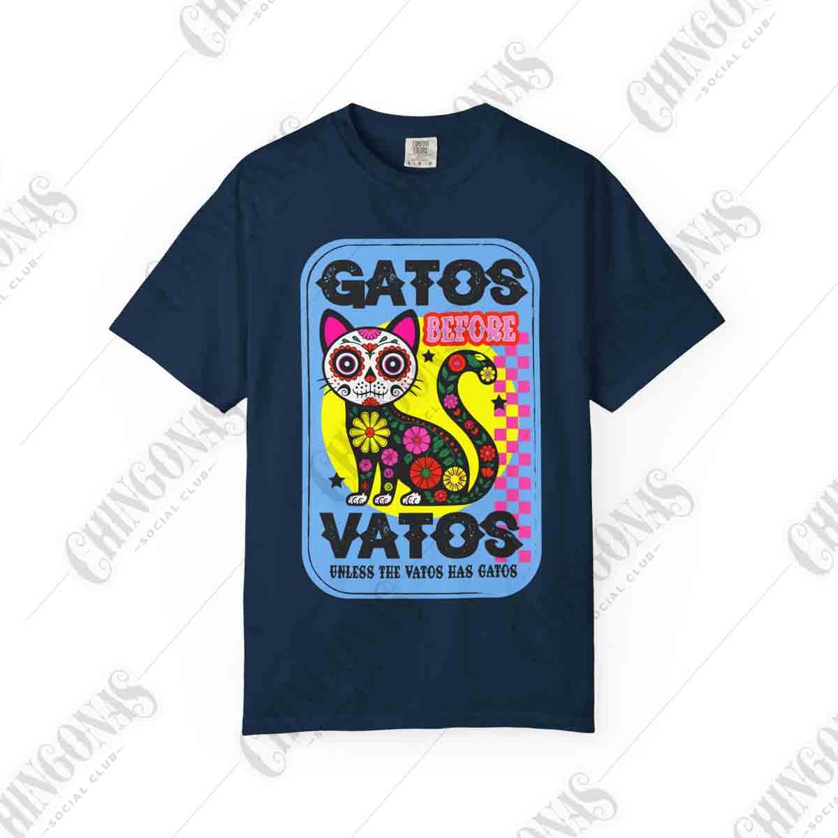 T-shirt featuring a colorful Day of the Dead cat with flowers and the phrase Gato Before Vato.