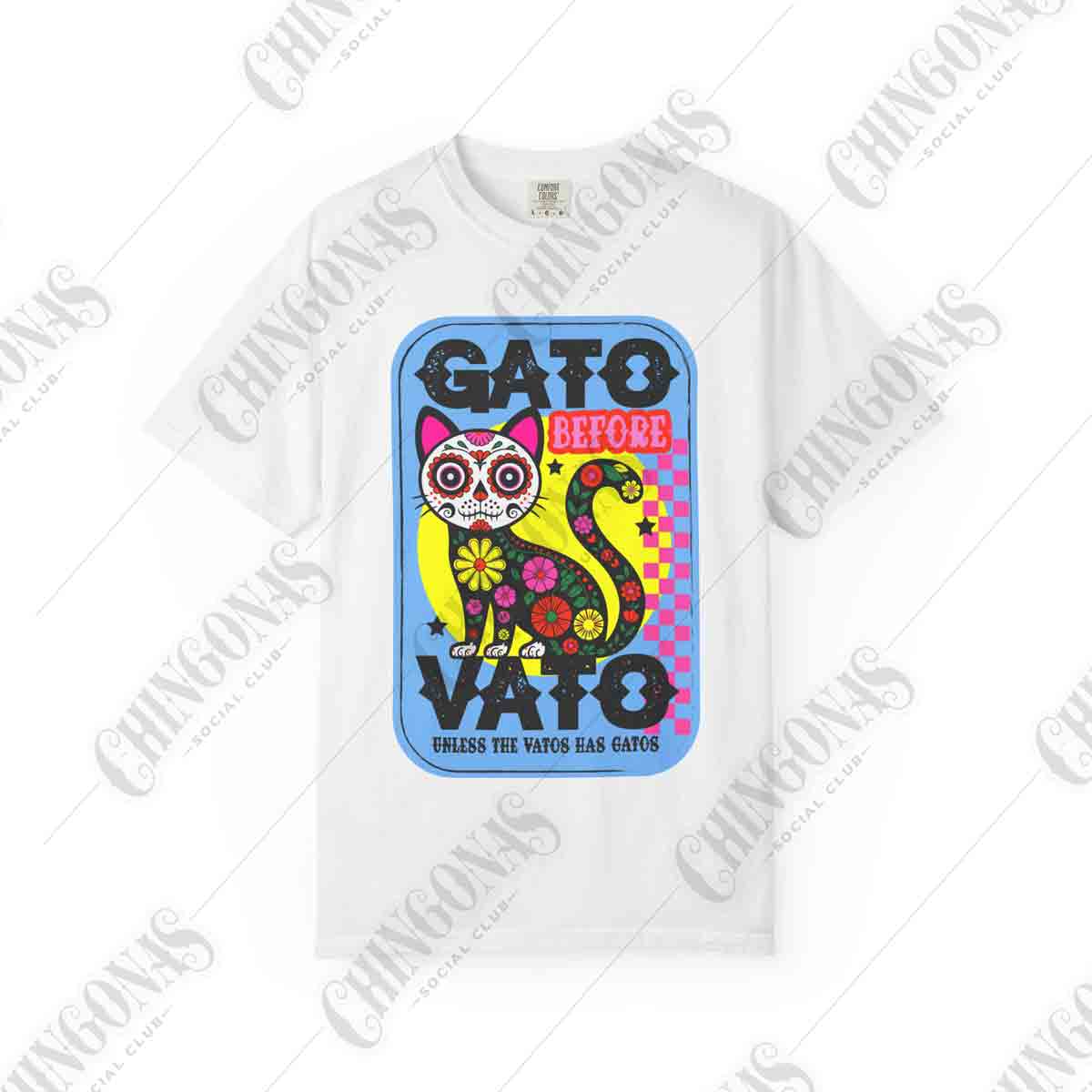 t-shirt featuring a colorful Day of the Dead cat with flowers and the phrase Gato Before Vato.