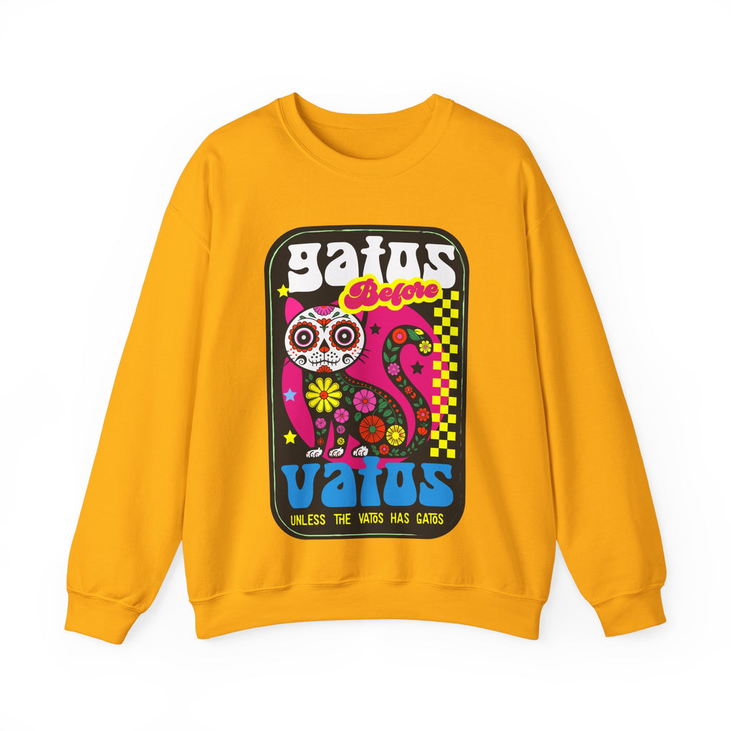 Gatos Vatos sugar skull cat crewneck white - vibrant Dia de Muertos cat pullover