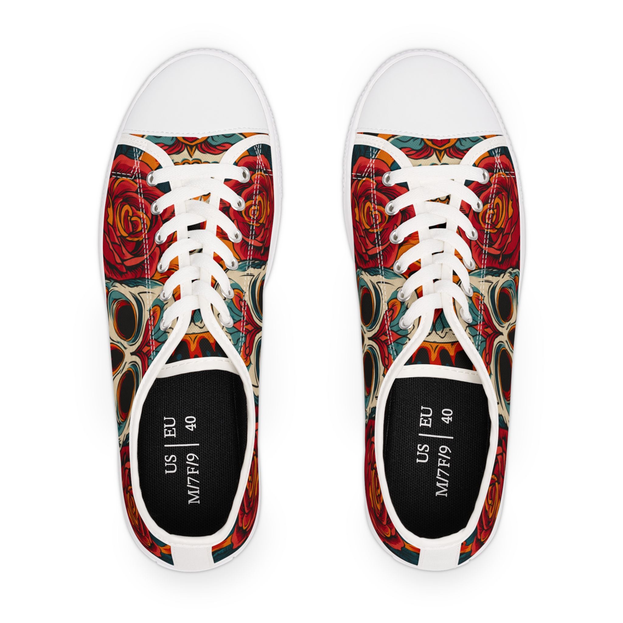 Skull and rose low-top shoes pair - gothic Latina Day of Dead canvas sneakers white sole