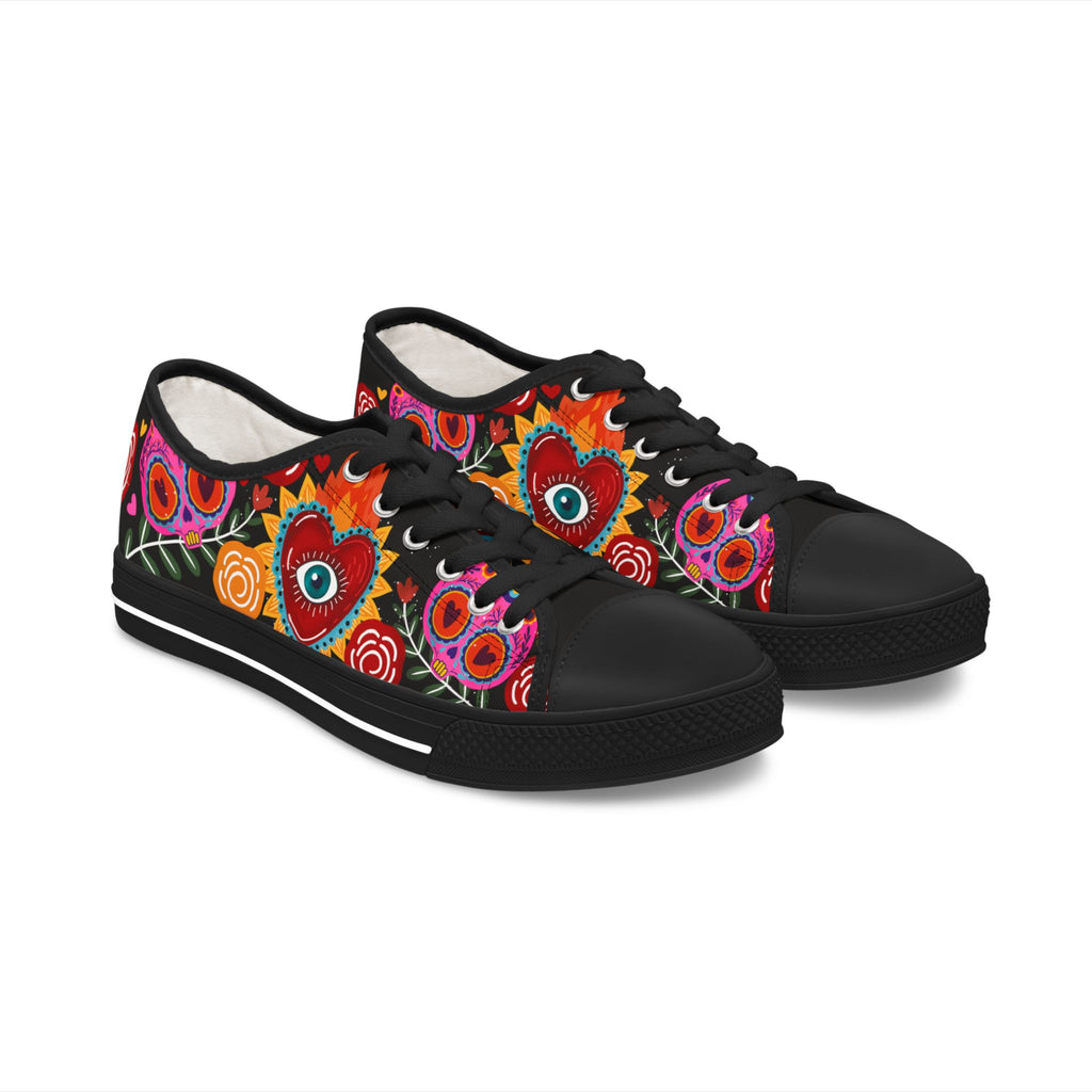Vibrant heart eye floral canvas sneakers white sole - boho talisman Latina festival shoes