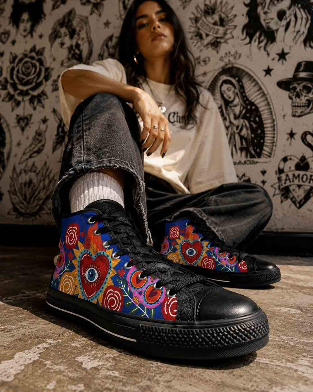 Mystical heart eye high-top sneakers front view - colorful floral blue canvas shoes
