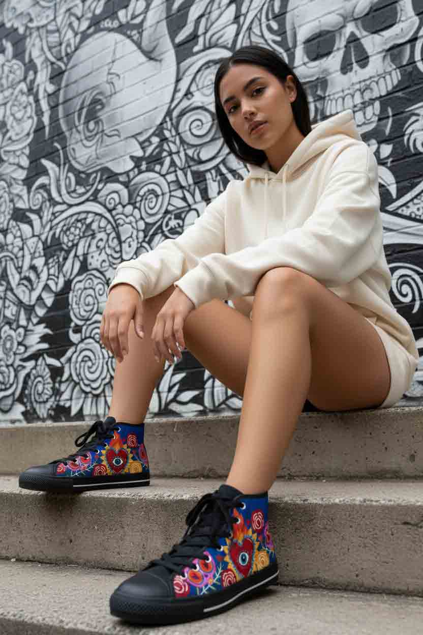 Boho spiritual floral eye high-top canvas shoes side view - deep blue Latina sneakers