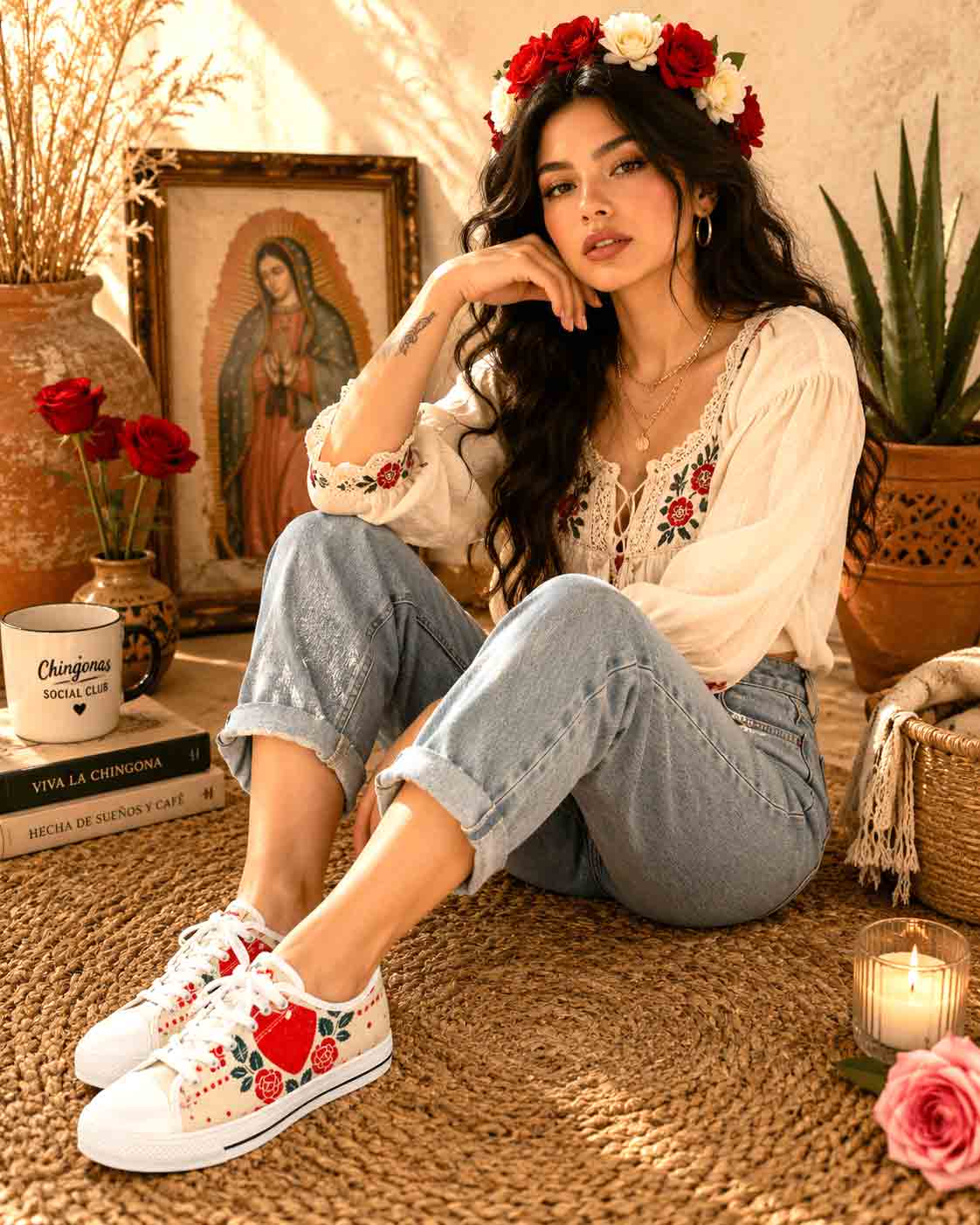 Heart roses floral canvas sneakers front view - romantic Valentine women's shoes wraparound print