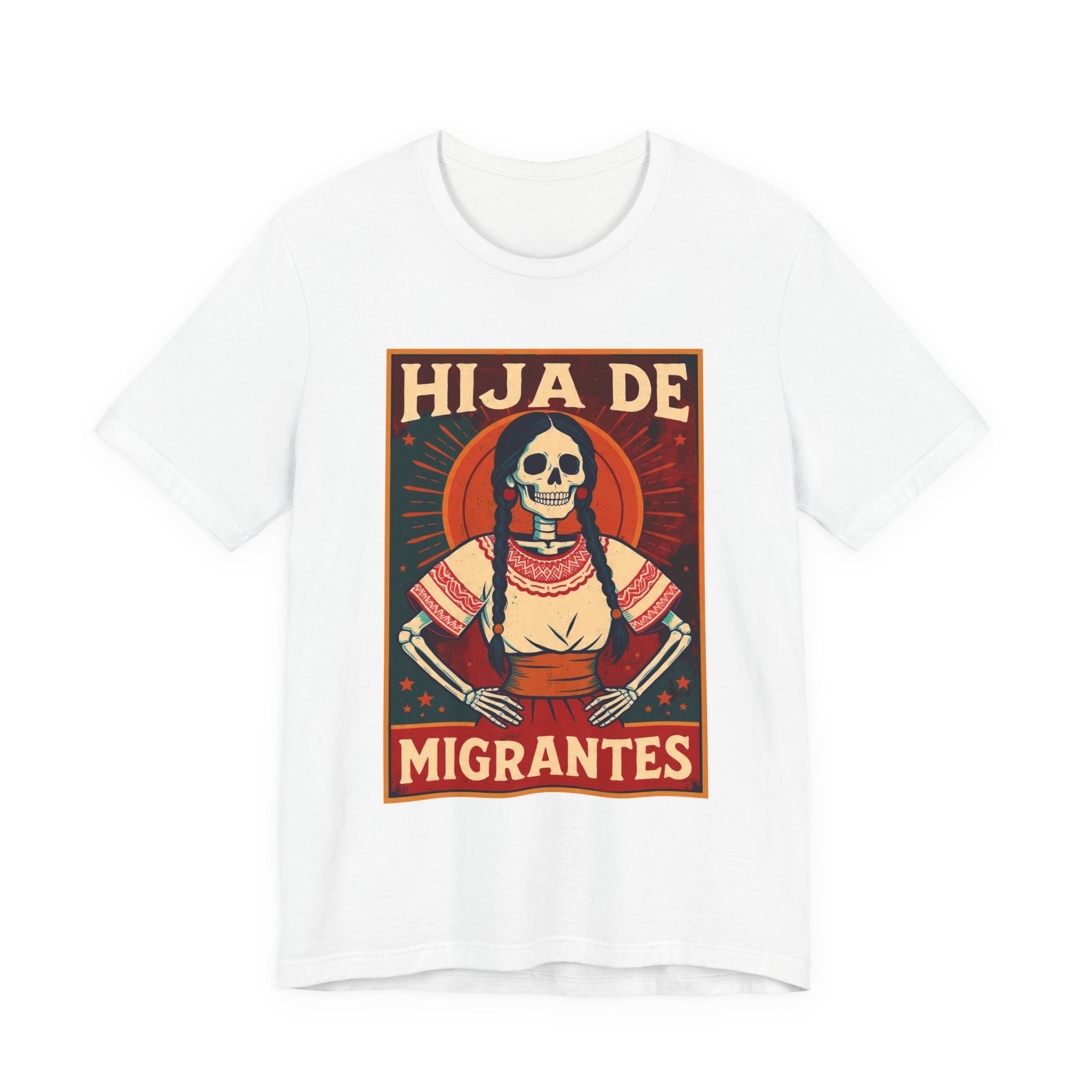 Hija de Migrantes black tee - Dia de Muertos calavera braid traditional Mexican shirt