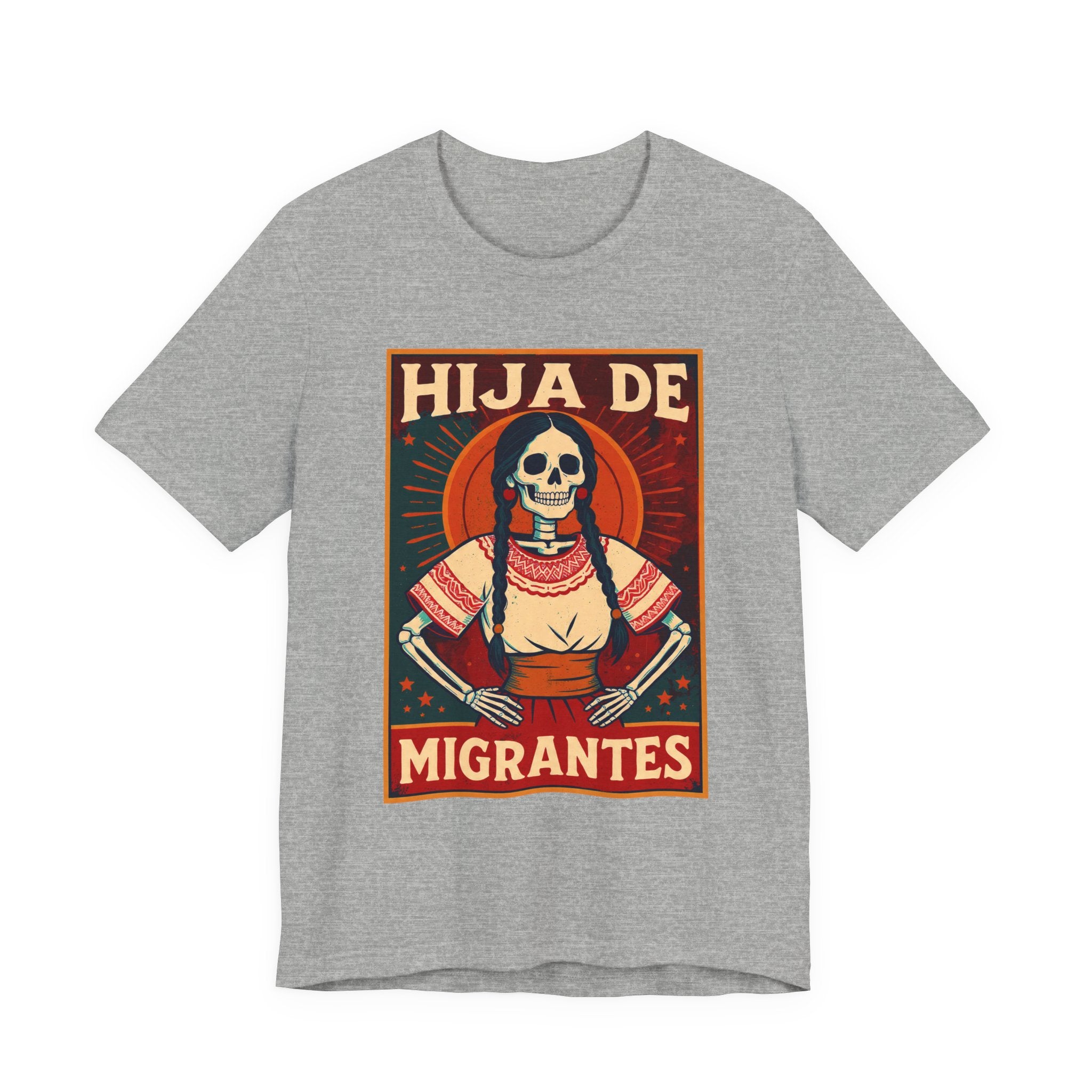 Hija de Migrantes t-shirt athletic heather - Day of Dead chicana heritage graphic tee