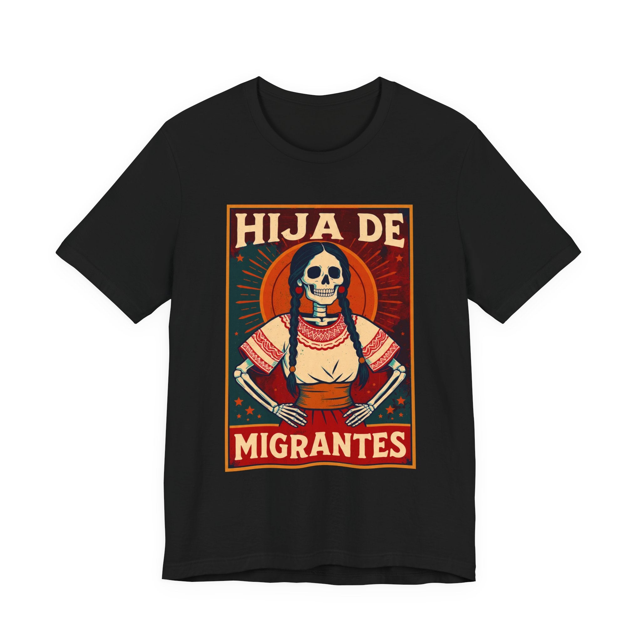 Migrant pride Latina graphic tee white - Hija de Migrantes folk art skull shirt