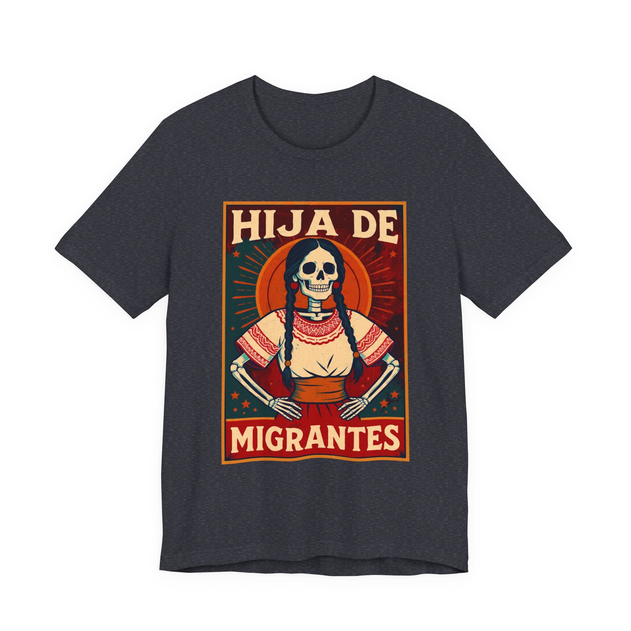 Hija de Migrantes dark grey heather tee - calavera trenzas cultural Latina graphic