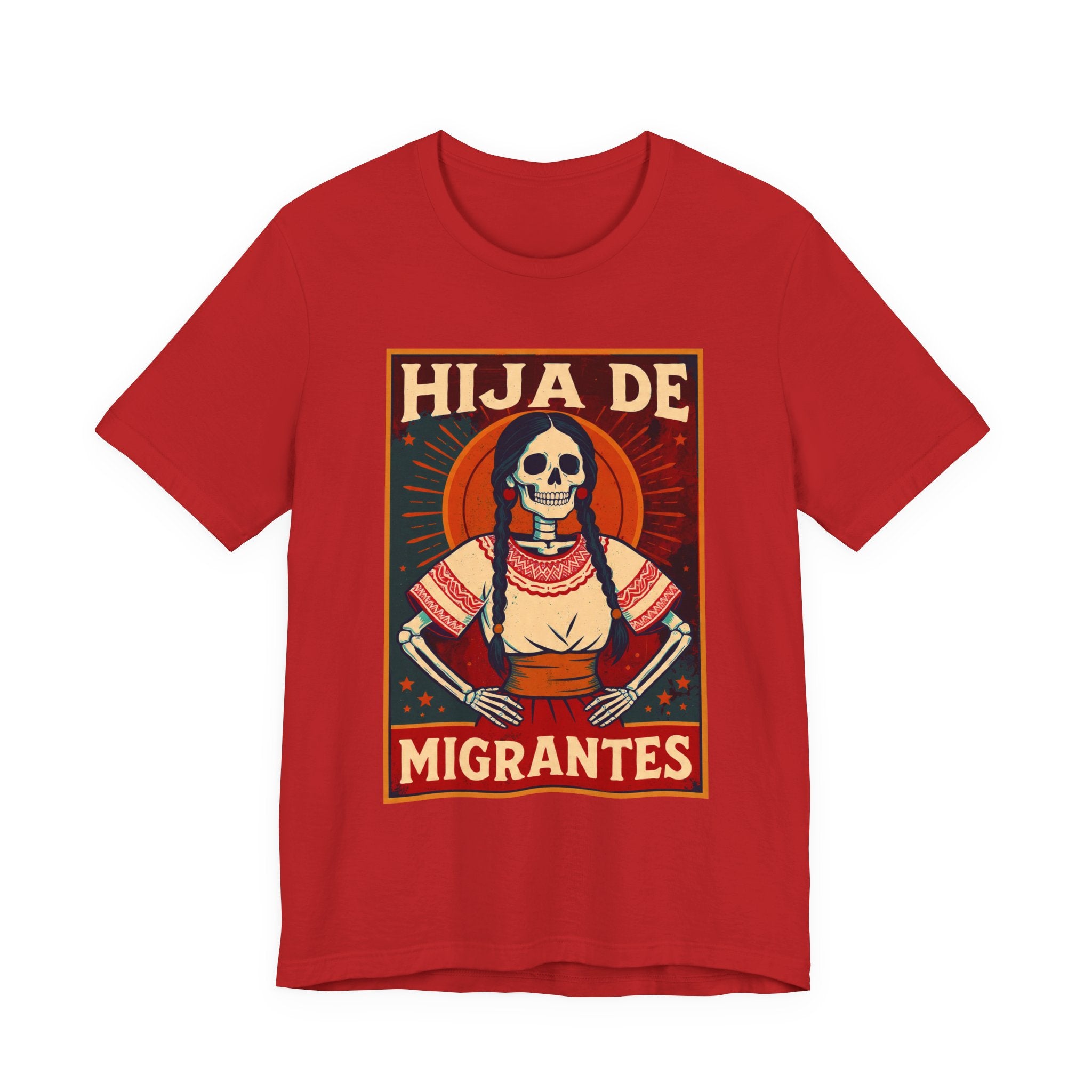 Chicana migrant solidarity tee - Hija de Migrantes Dia de Muertos black heather shirt