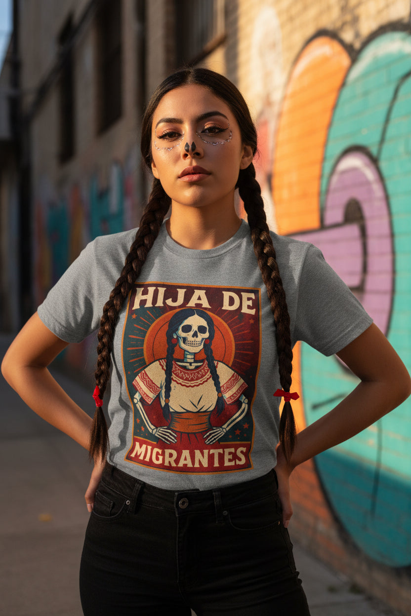 Hija de Migrantes gift tee - Day of Dead skeleton braid traditional blouse graphic