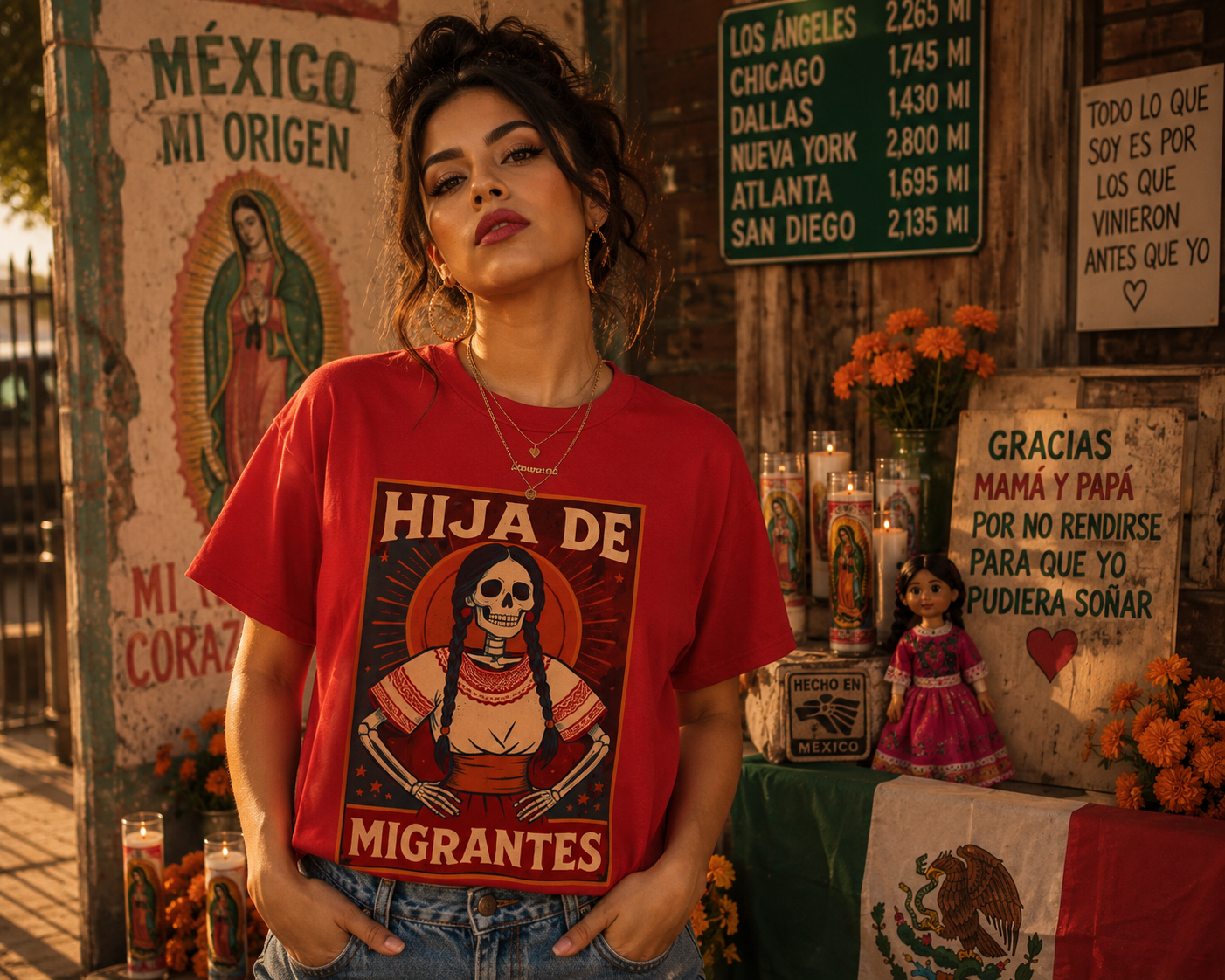 Hija de Migrantes Latina pride tee - bold chicana heritage calavera folk art design