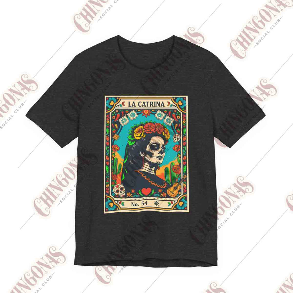 T-shirt with a vintage Lotería style card design featuring La Catrina No. 54, surrounded by flowers, cactus, and a guitar.