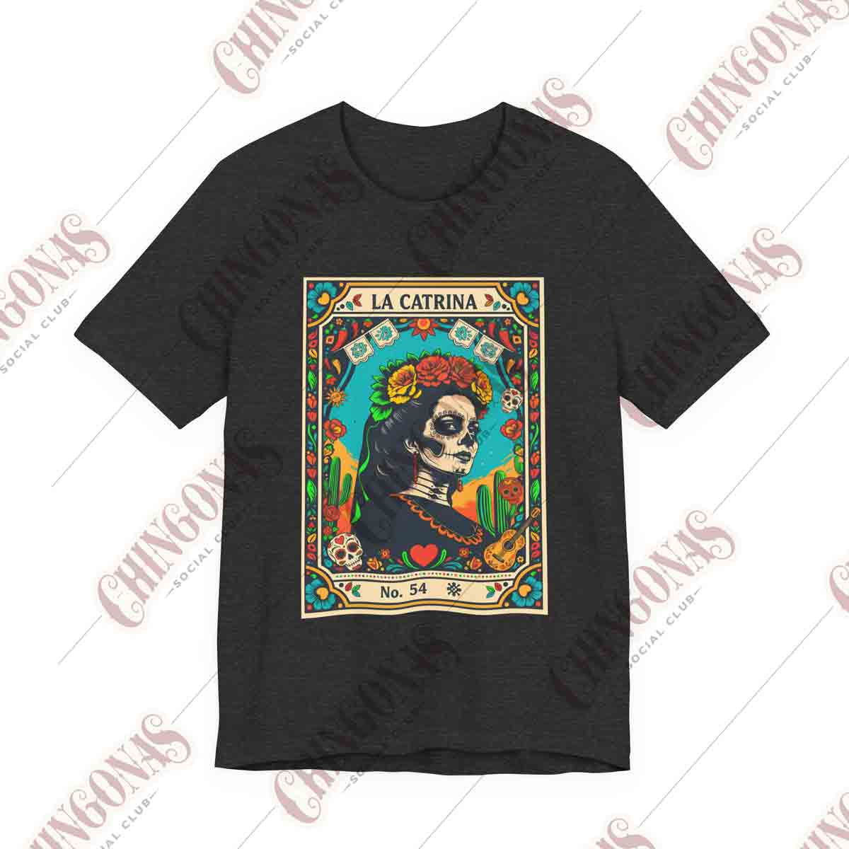 T-shirt with a vintage Lotería style card design featuring La Catrina No. 54, surrounded by flowers, cactus, and a guitar.