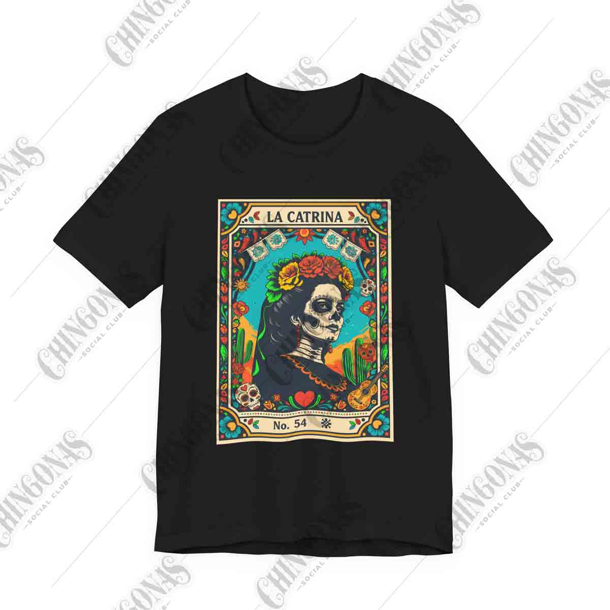 T-shirt with a vintage Lotería style card design featuring La Catrina No. 54, surrounded by flowers, cactus, and a guitar.