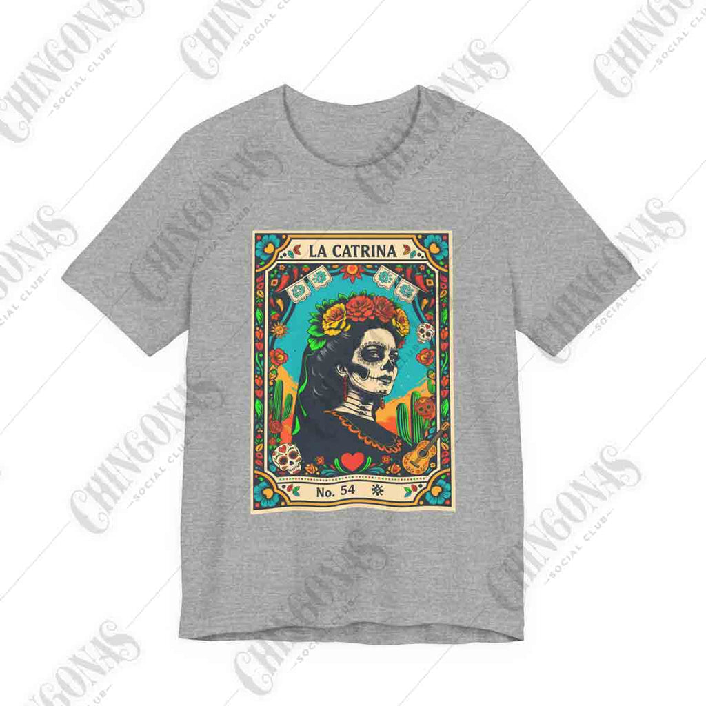 T-shirt with a vintage Lotería style card design featuring La Catrina No. 54, surrounded by flowers, cactus, and a guitar.