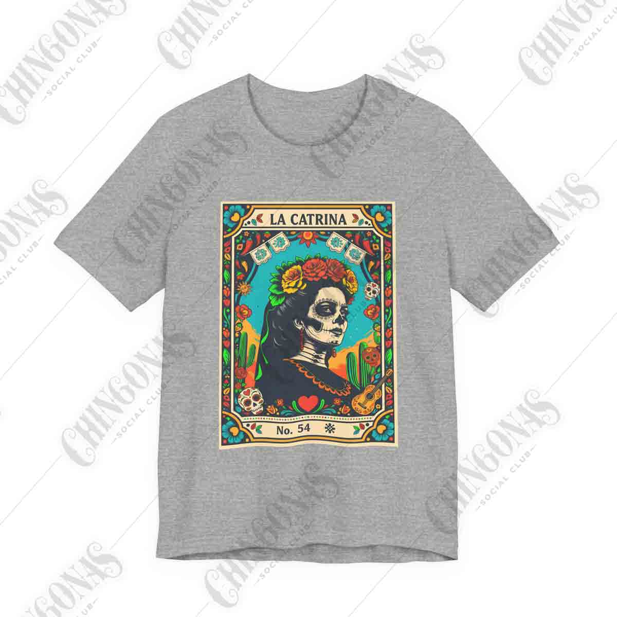 T-shirt with a vintage Lotería style card design featuring La Catrina No. 54, surrounded by flowers, cactus, and a guitar.