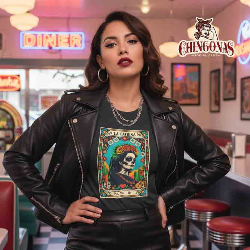 T-shirt with a vintage Lotería style card design featuring La Catrina No. 54, surrounded by flowers, cactus, and a guitar.