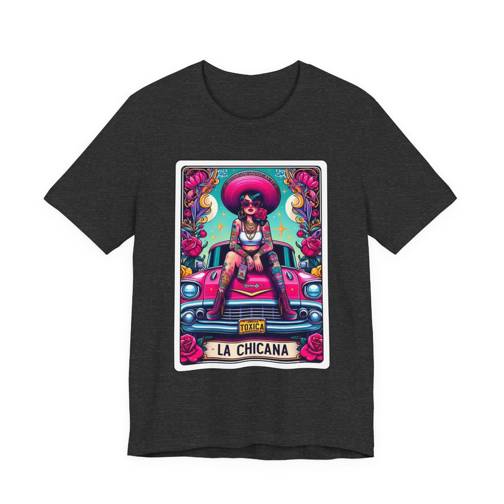 Vintage lowrider car culture design with a Chicana Catrina wearing a wide hat on a Bella Canvas 3001 t-shirt.