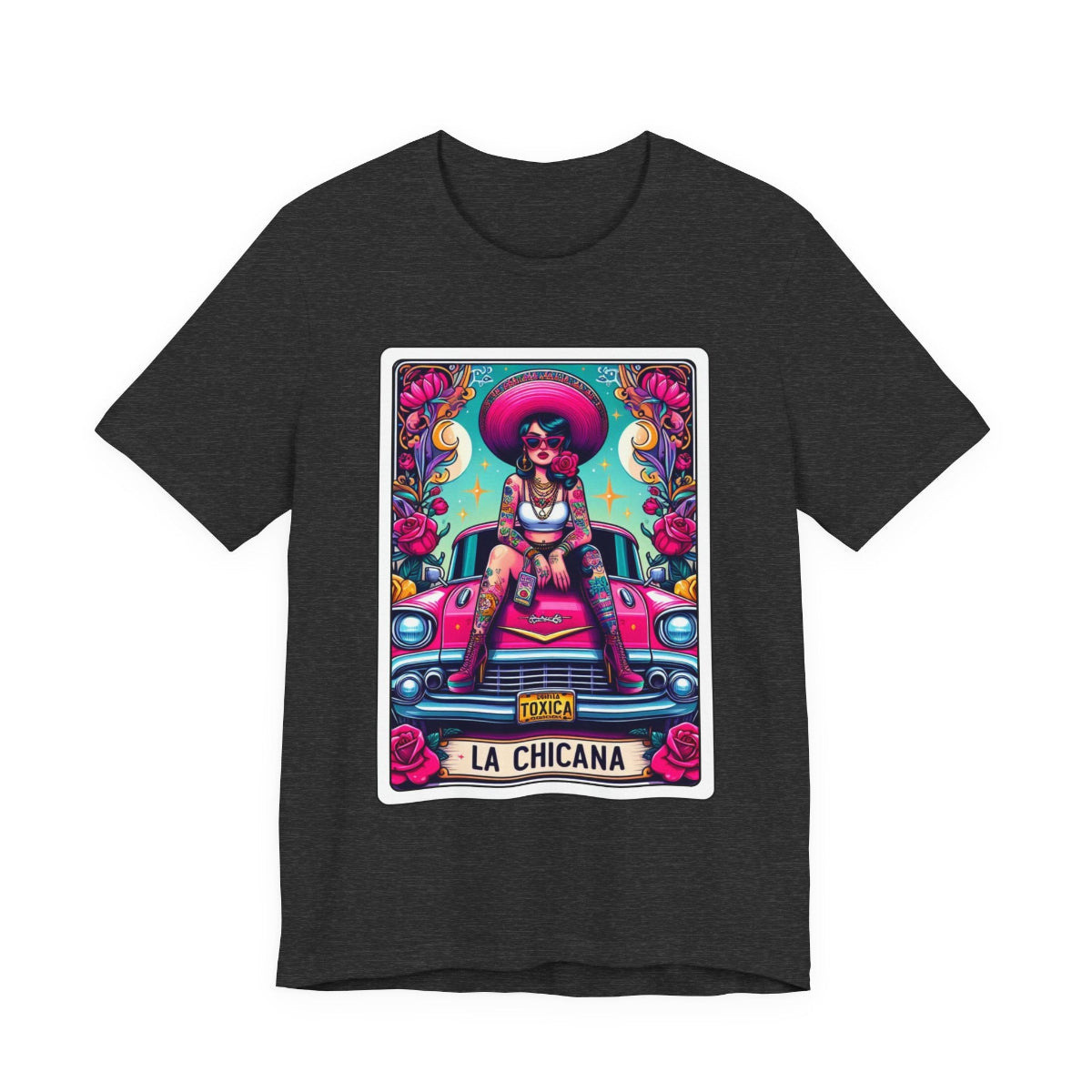 Vintage lowrider car culture design with a Chicana Catrina wearing a wide hat on a Bella Canvas 3001 t-shirt.