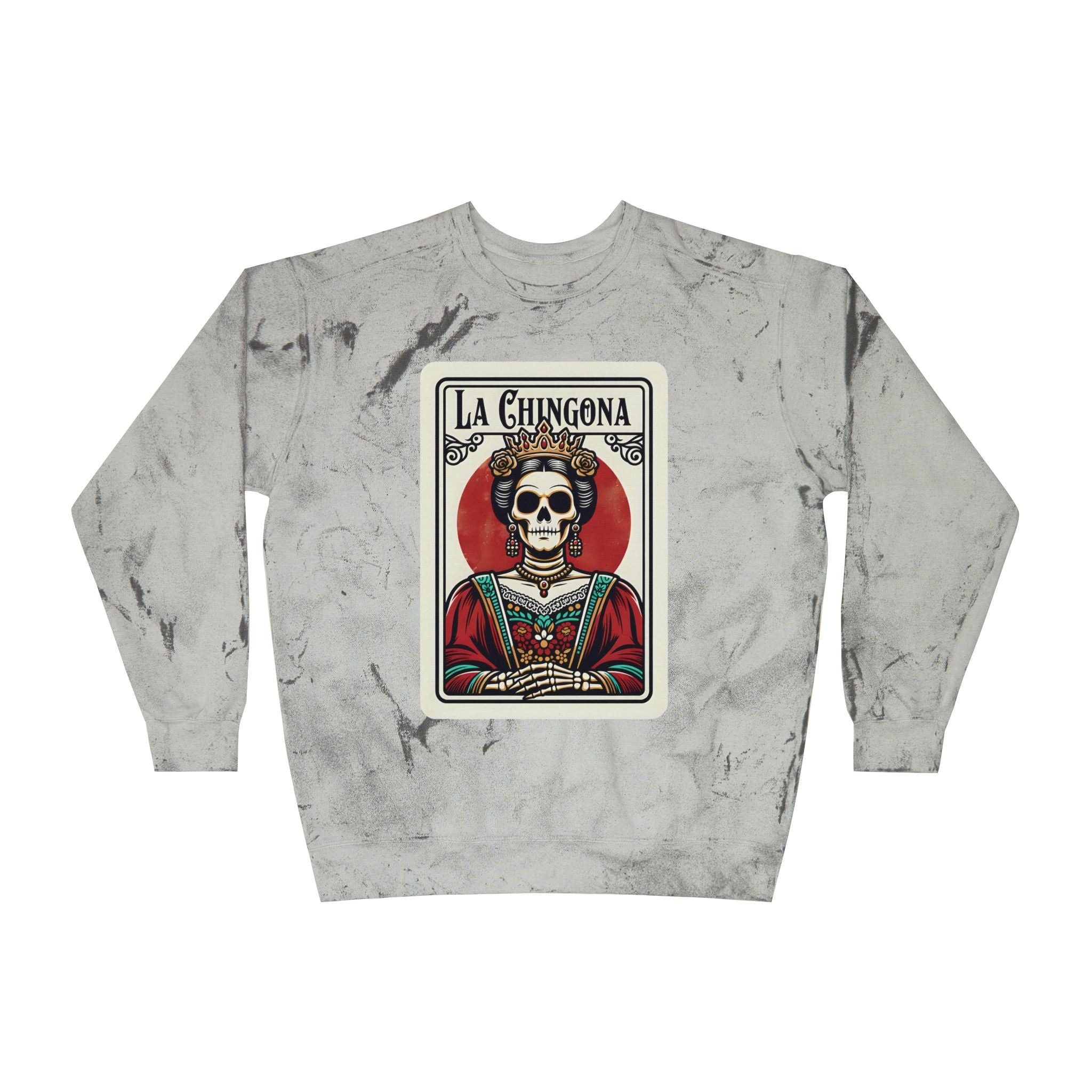 La Chingona loteria card design Color Blast sweatshirt smoke - chicana skull queen pullover