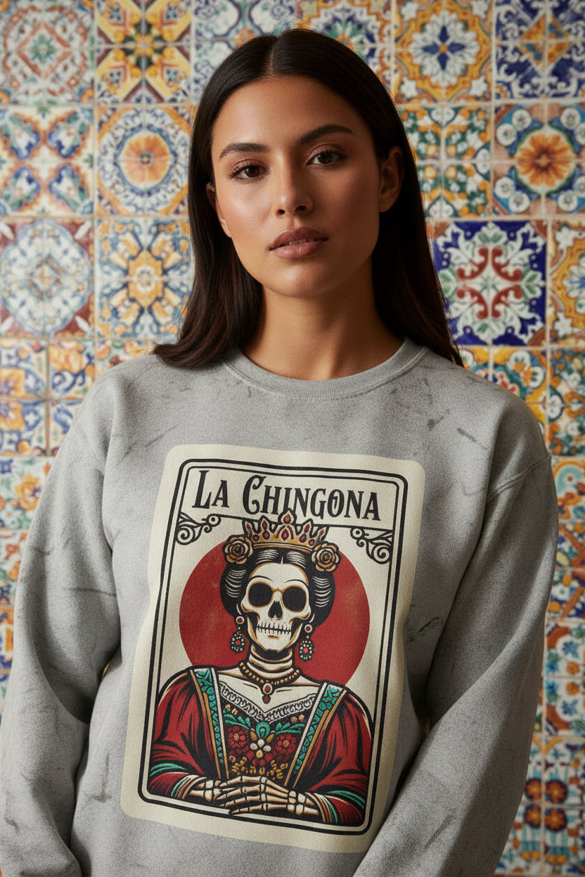La Chingona vintage tarot calavera crewneck - unique pigment dye Latina streetwear