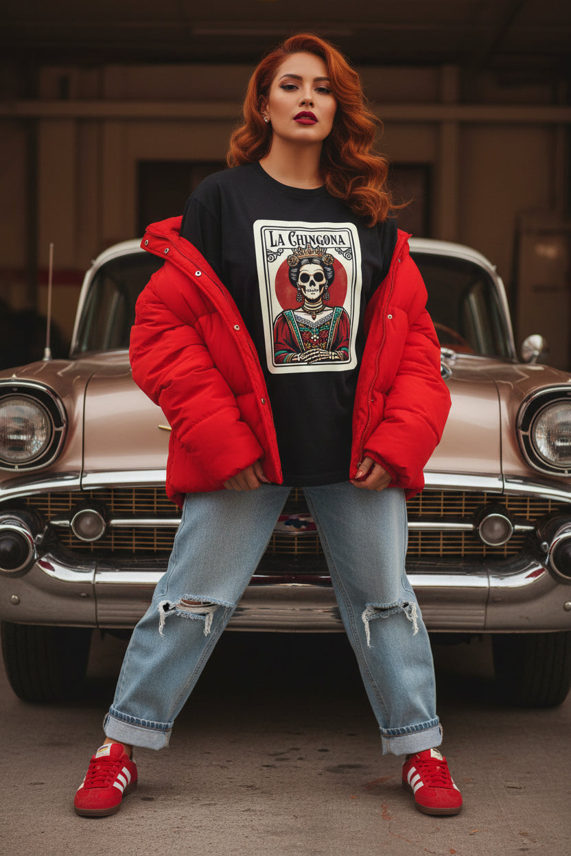 Chicana skull queen shirt black heather - La Chingona bold Bella Canvas tee gift