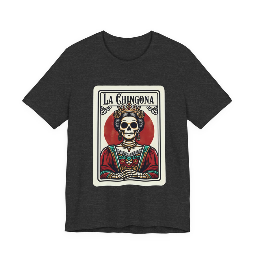 Bold calavera graphic tee in red - La Chingona Mexican art feminist shirt