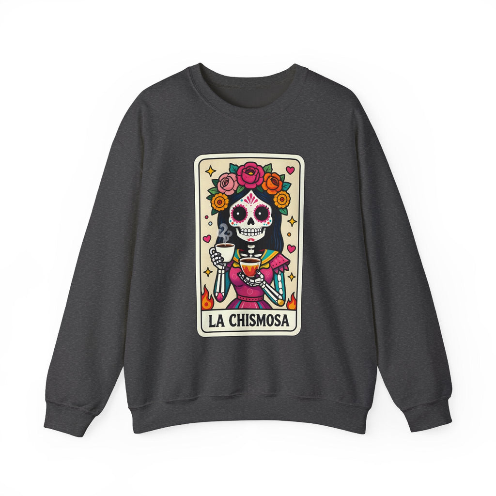 Front view of the crew-neck sweatshirt featuring the “La Chismosa” sugar skull design by Chingonas Social Club