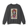 Front view of the crew-neck sweatshirt featuring the “La Chismosa” sugar skull design by Chingonas Social Club