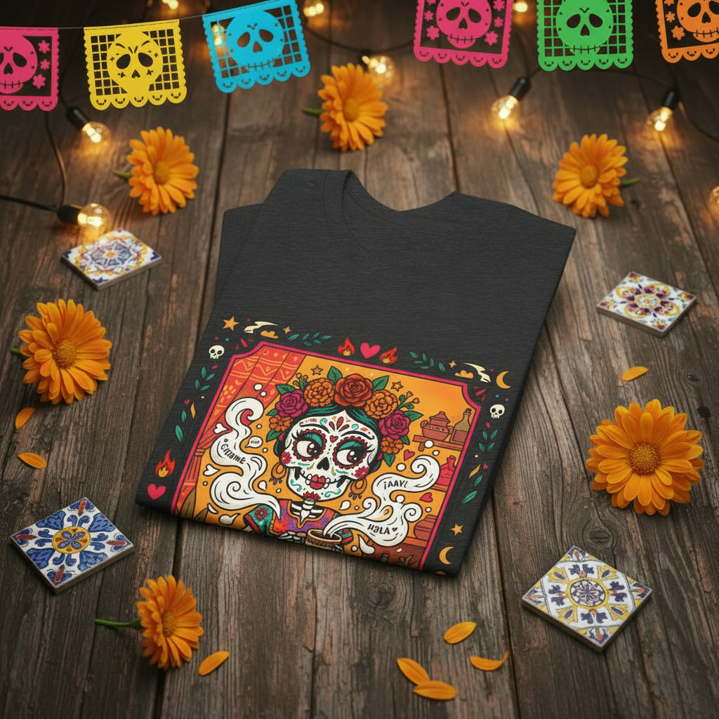 La Chismosa skeleton Catrina graphic in a vintage loteria art style on a black Bella Canvas 3001 t-shirt.