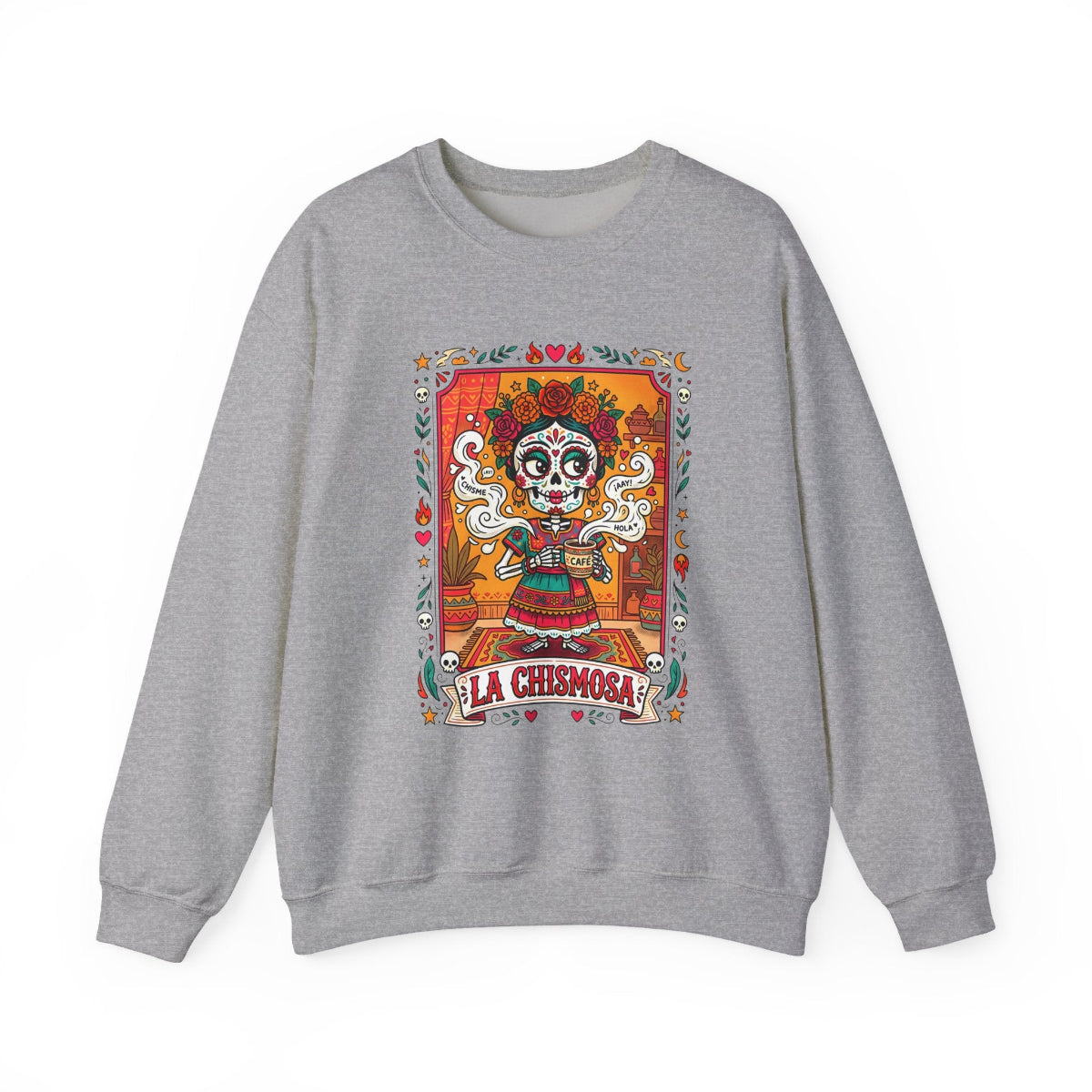 La Chismosa text and a sugar skull calavera with flowers in a vintage loteria graphic style on a premium black crewneck sweatshirt.
