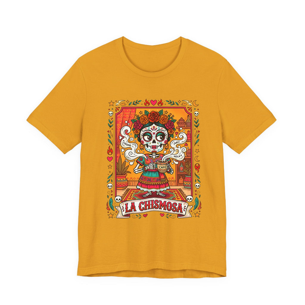 La Chismosa skeleton Catrina graphic in a vintage loteria art style on a black Bella Canvas 3001 t-shirt.