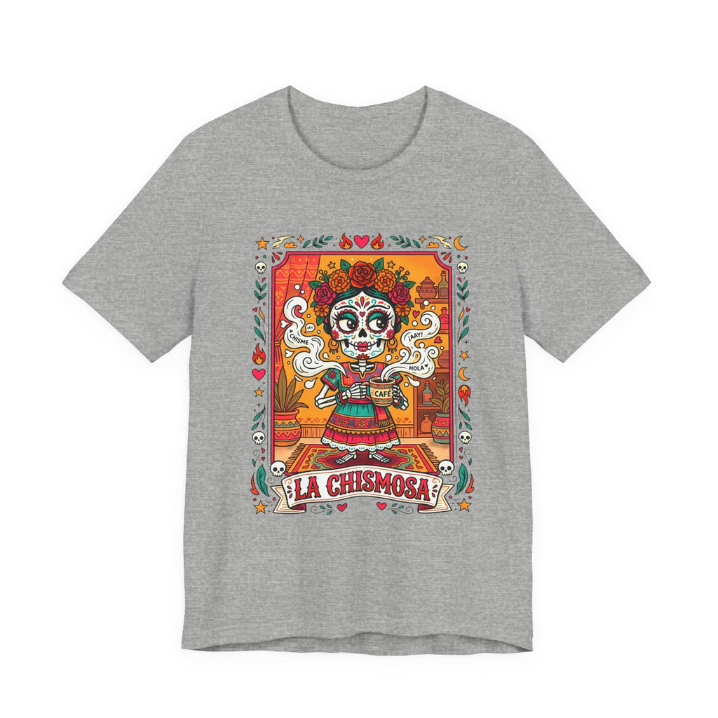 La Chismosa skeleton Catrina graphic in a vintage loteria art style on a black Bella Canvas 3001 t-shirt.