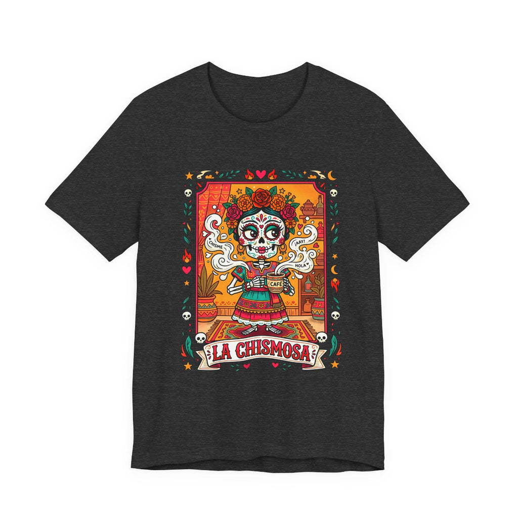 La Chismosa skeleton Catrina graphic in a vintage loteria art style on a black Bella Canvas 3001 t-shirt.