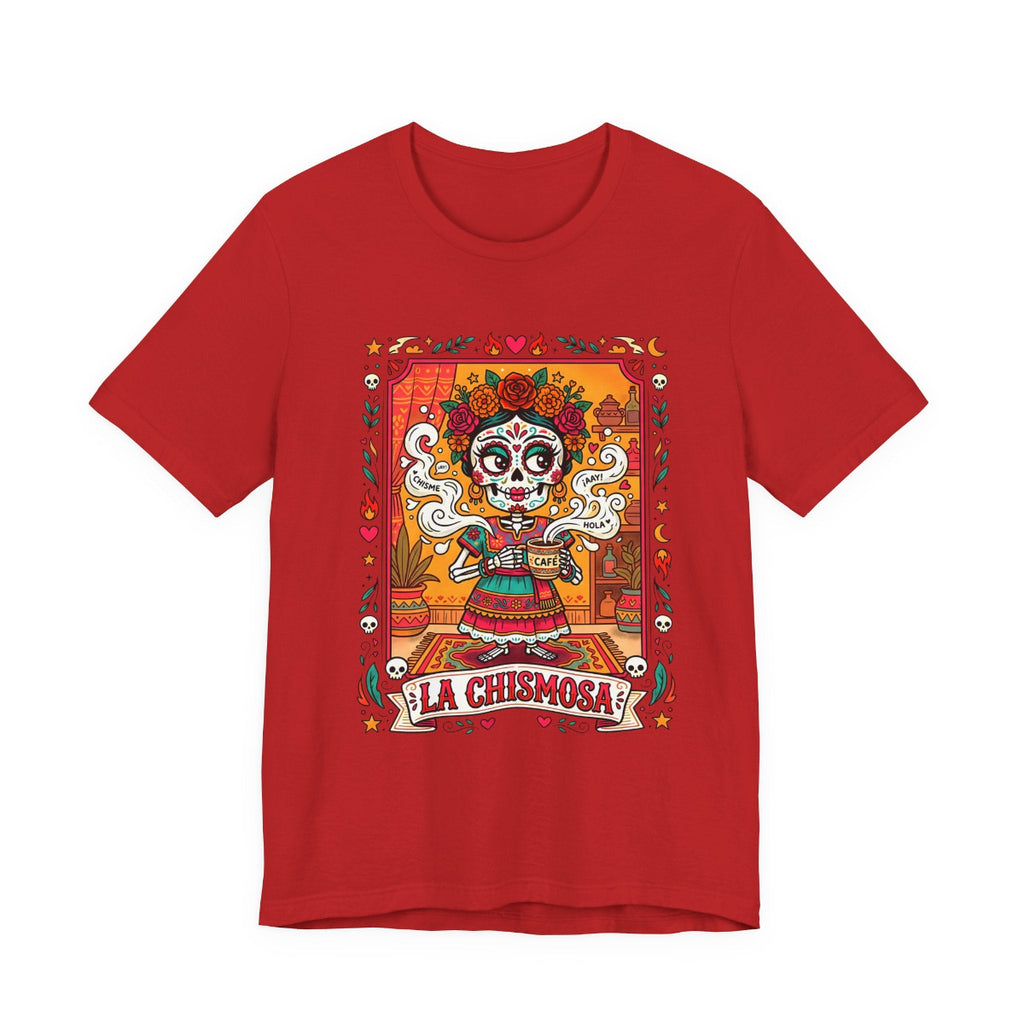 La Chismosa skeleton Catrina graphic in a vintage loteria art style on a black Bella Canvas 3001 t-shirt.