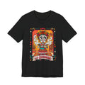 La Chismosa skeleton Catrina graphic in a vintage loteria art style on a black Bella Canvas 3001 t-shirt.