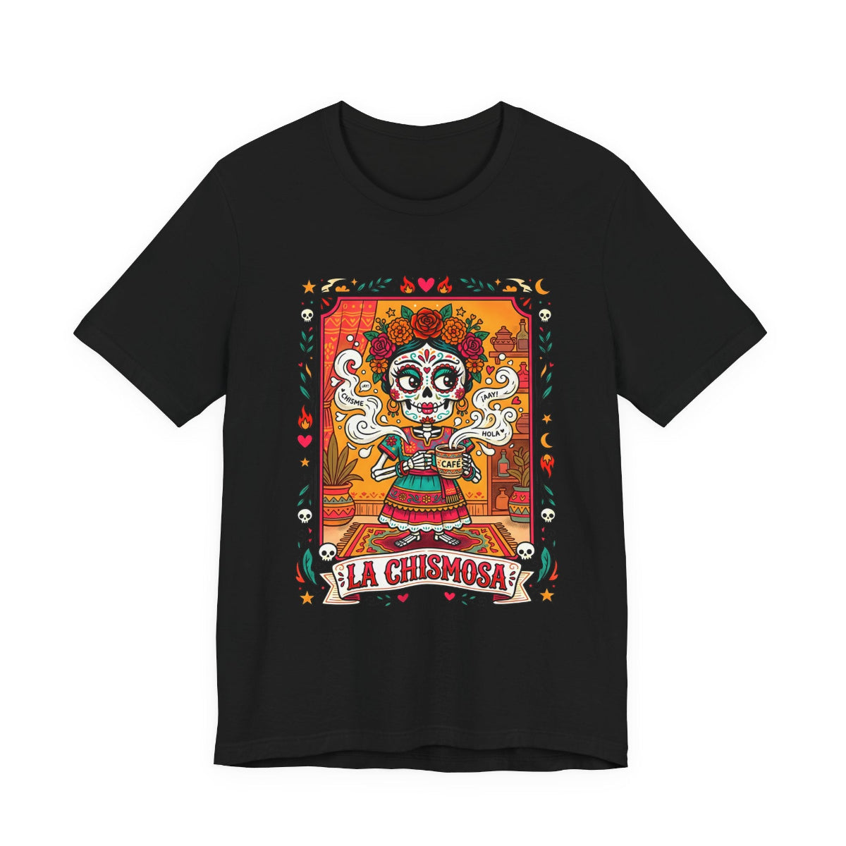 La Chismosa skeleton Catrina graphic in a vintage loteria art style on a black Bella Canvas 3001 t-shirt.