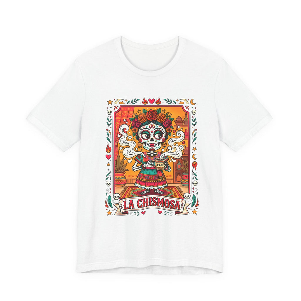 La Chismosa skeleton Catrina graphic in a vintage loteria art style on a black Bella Canvas 3001 t-shirt.