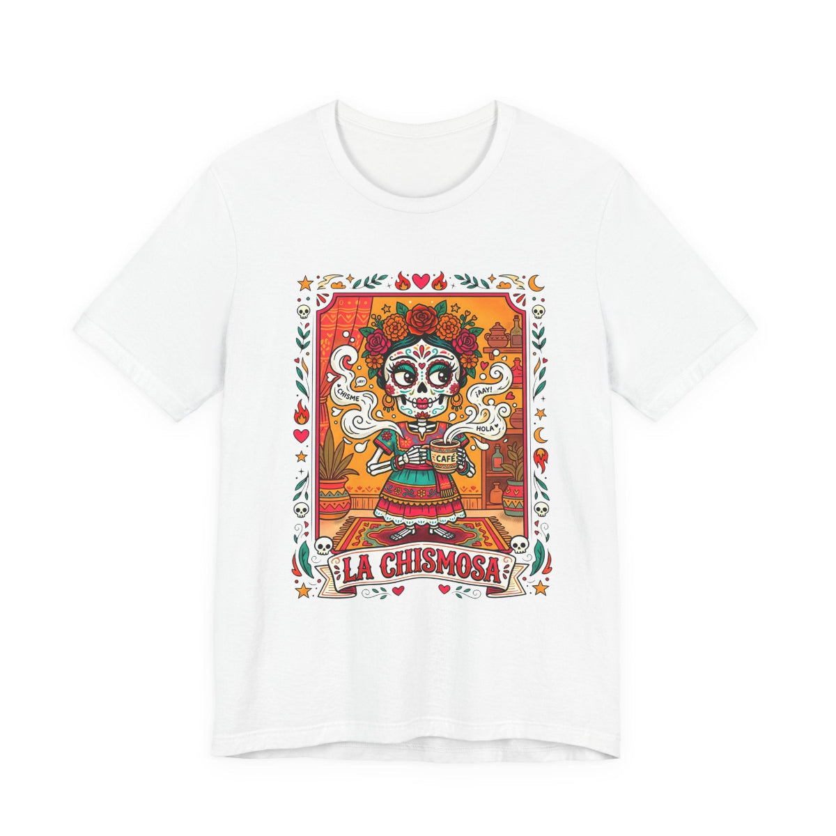 La Chismosa skeleton Catrina graphic in a vintage loteria art style on a black Bella Canvas 3001 t-shirt.