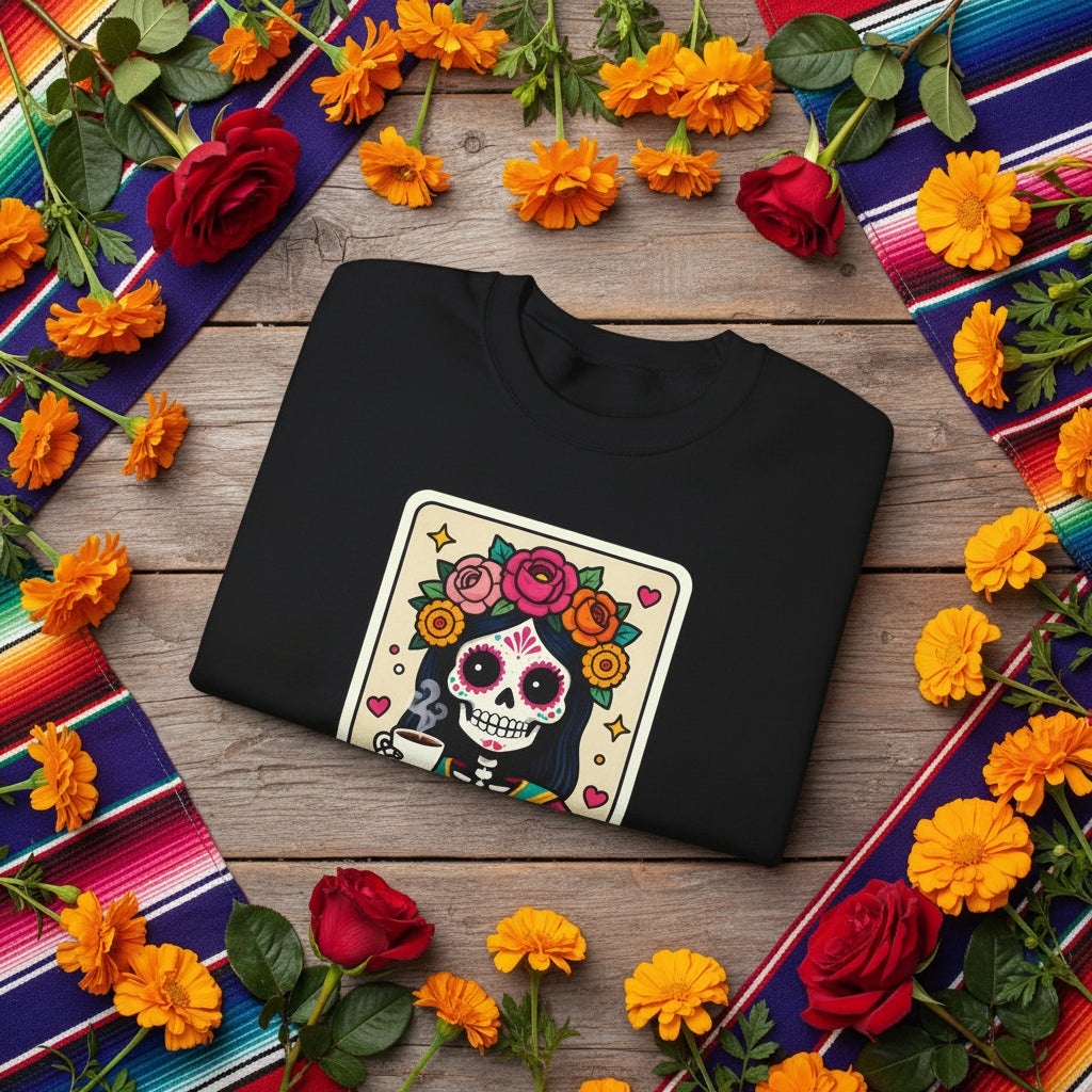 Front view of the crew-neck sweatshirt featuring the “La Chismosa” sugar skull design by Chingonas Social Club