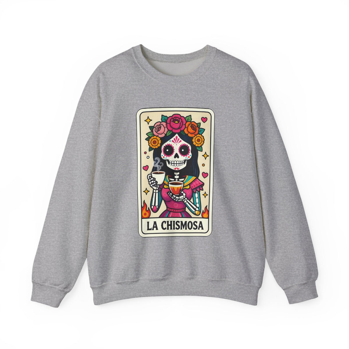 La Chismosa Dia de los Muertos sugar skull crewneck sweatshirt front view – Chingonas Social Club