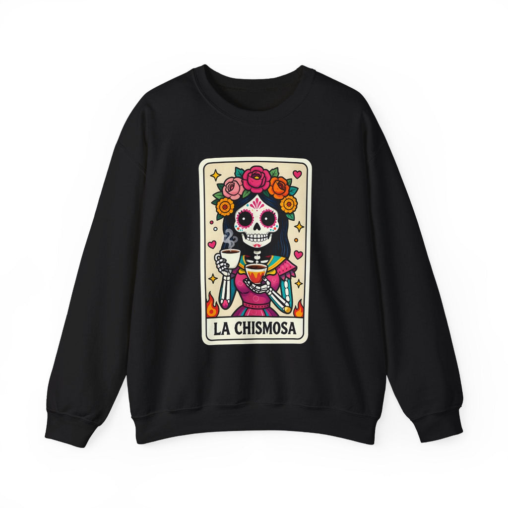 La Chismosa Dia de los Muertos sugar skull crewneck sweatshirt front view – Chingonas Social Club
