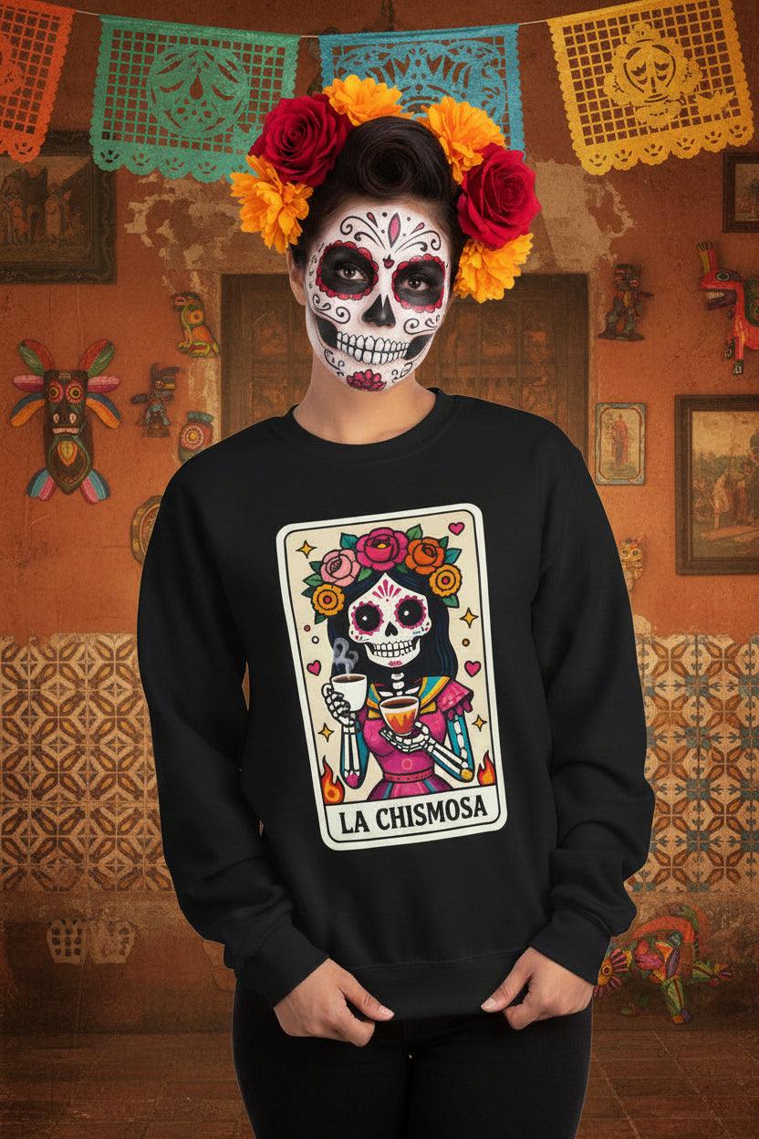 Front view of the crew-neck sweatshirt featuring the “La Chismosa” sugar skull design by Chingonas Social Club