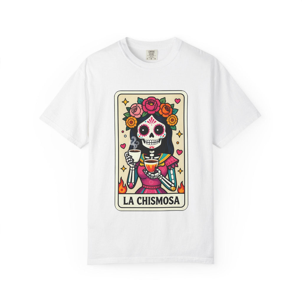 Vintage lotería card design on a t-shirt featuring a sugar skull calavera holding a coffee cup with the text La Chismosa.
