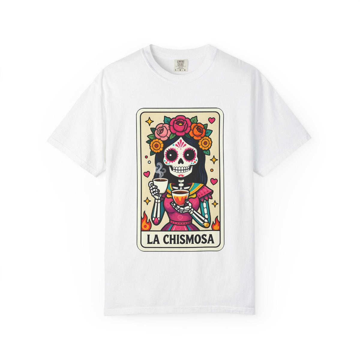 Vintage lotería card design on a t-shirt featuring a sugar skull calavera holding a coffee cup with the text La Chismosa.